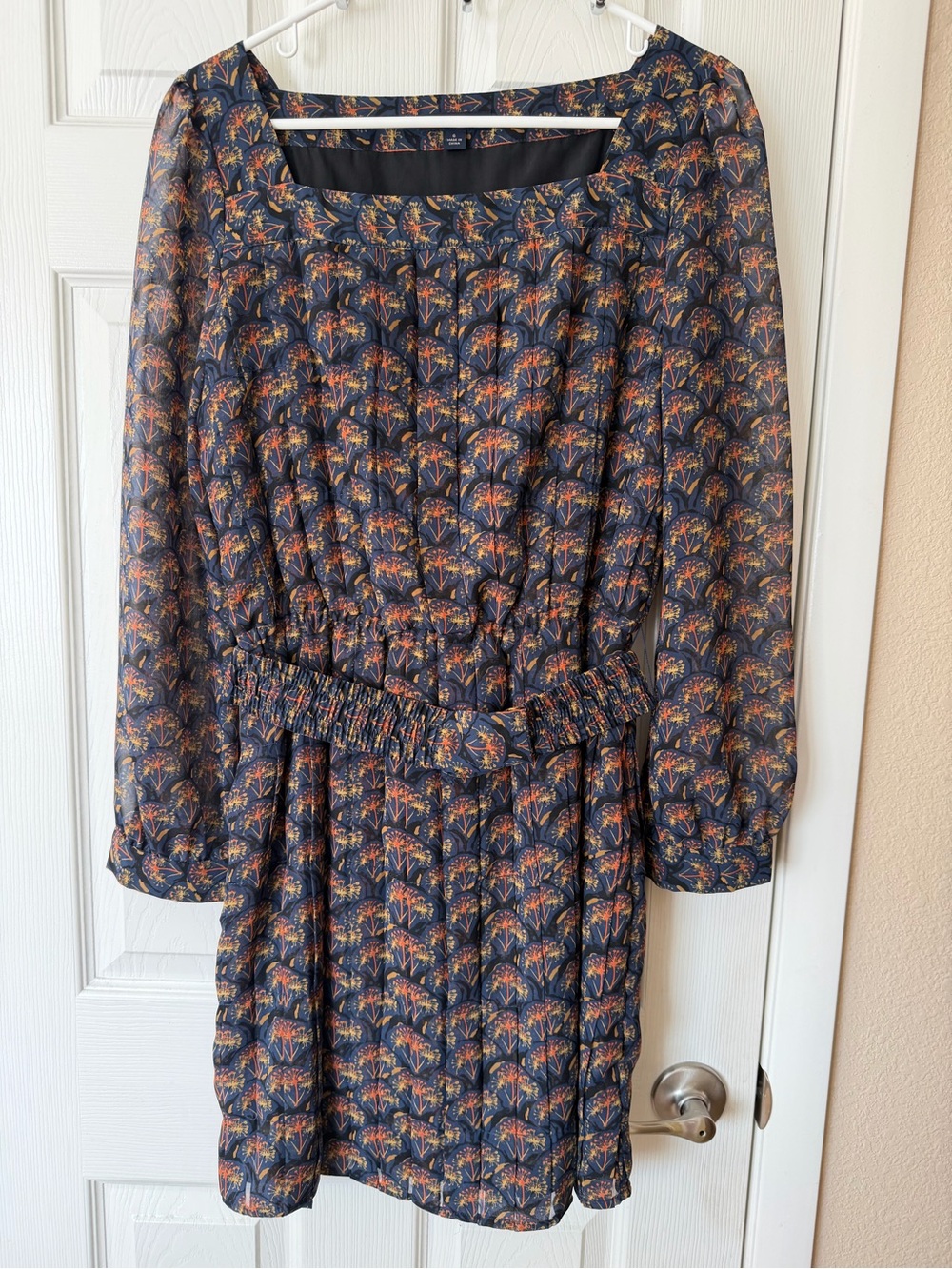 Banana Republic Navy Floral Long Sleeve Dress with Orange Accents